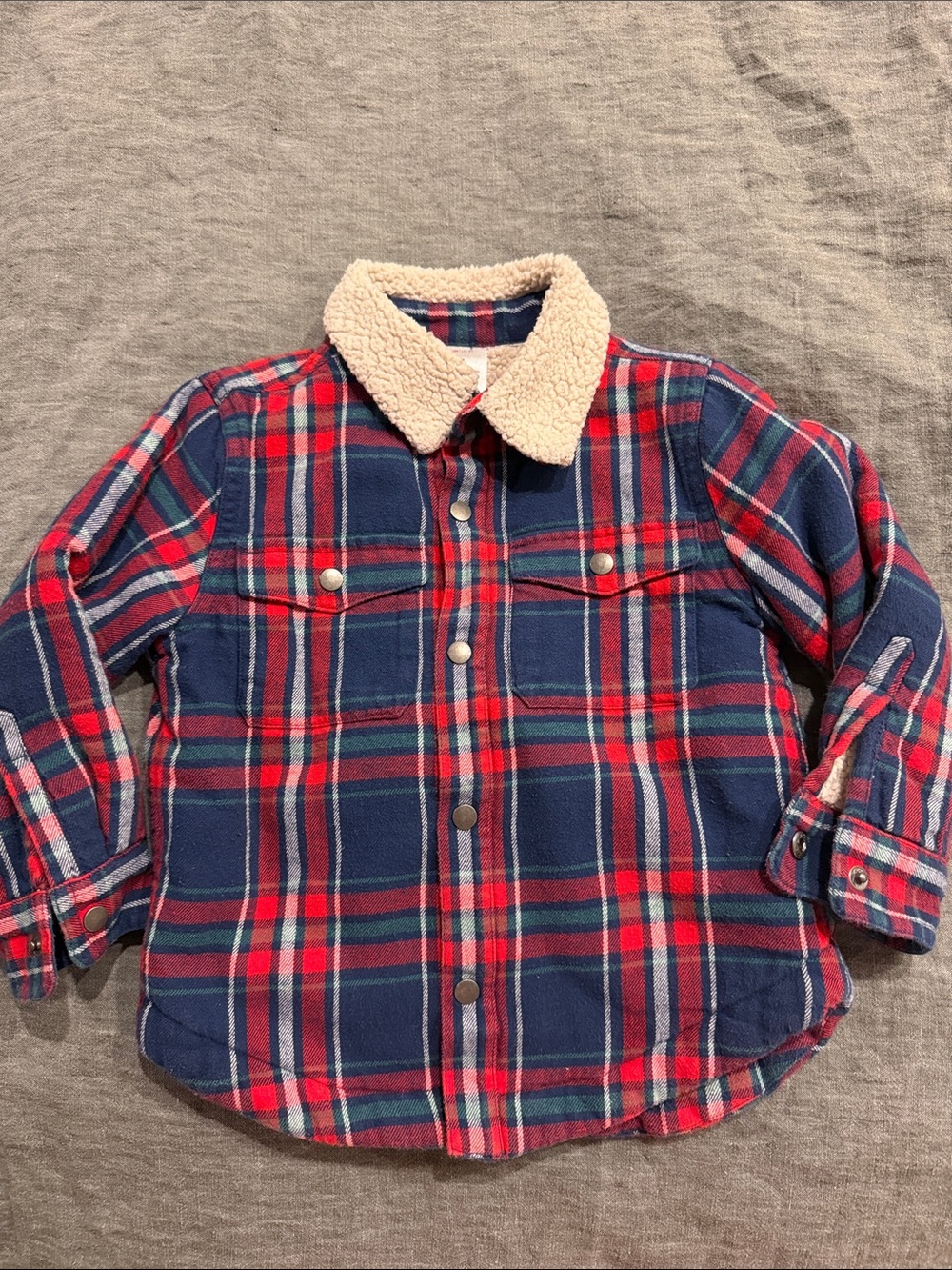 Hanna Andersson Red and Navy Plaid Fully-Lines Sherpa Button Shirt